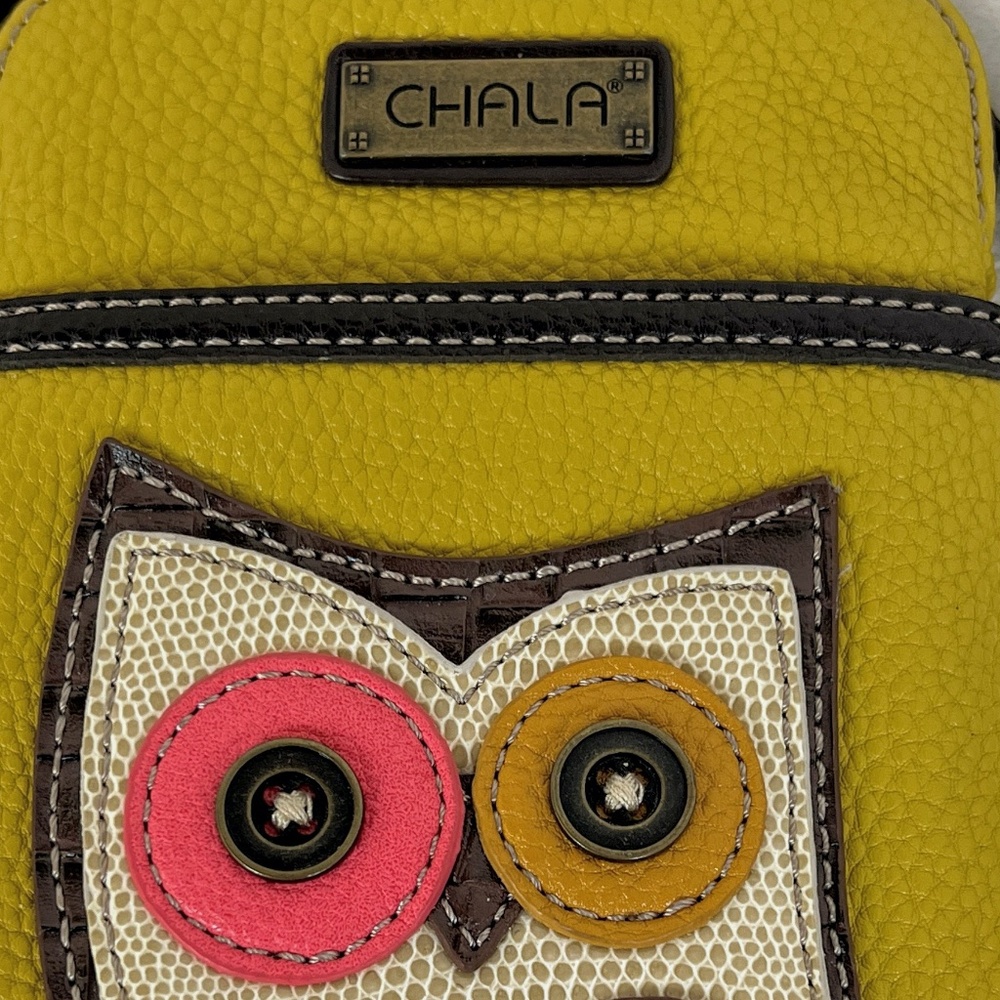 CHALA Crossbody Cell Phone Gold Vegan Pebbled Leather Bag Wide Eyed Owl - Picture 13 of 14